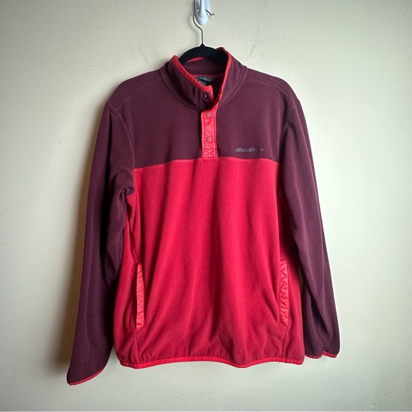 Eddie Bauer Mens Quarter Snap Button Red Fleece Pullover Logo Spell Out Medium - Picture 15 of 15
